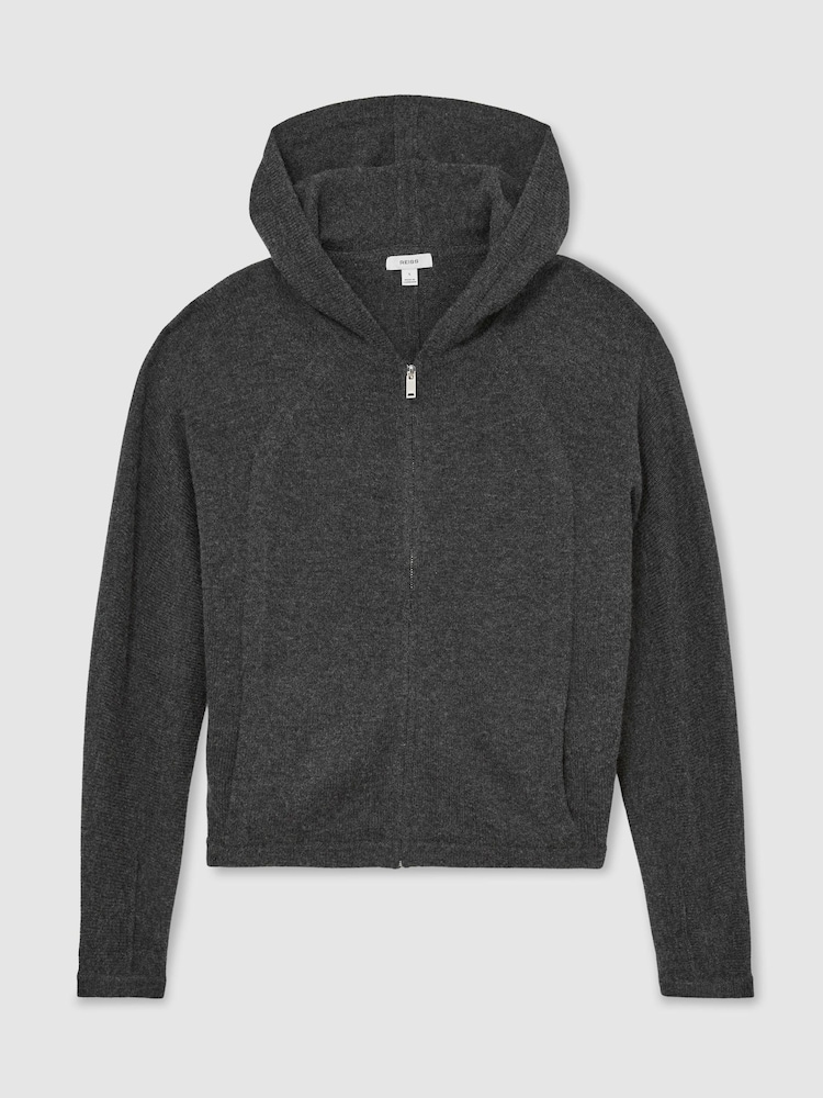 Reiss Charcoal Grey Evie Wool-Blend Zip-Through Hoodie with Cashmere - Image 2 of 7 Reiss Charcoal Grey Evie Wool-Blend Zip-Through Hoodie with Cashmere - Image 2 of 7