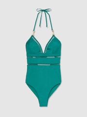 Reiss Teal Blue Aria Shimmer Lattice-Trim Swimsuit - Image 2 of 6