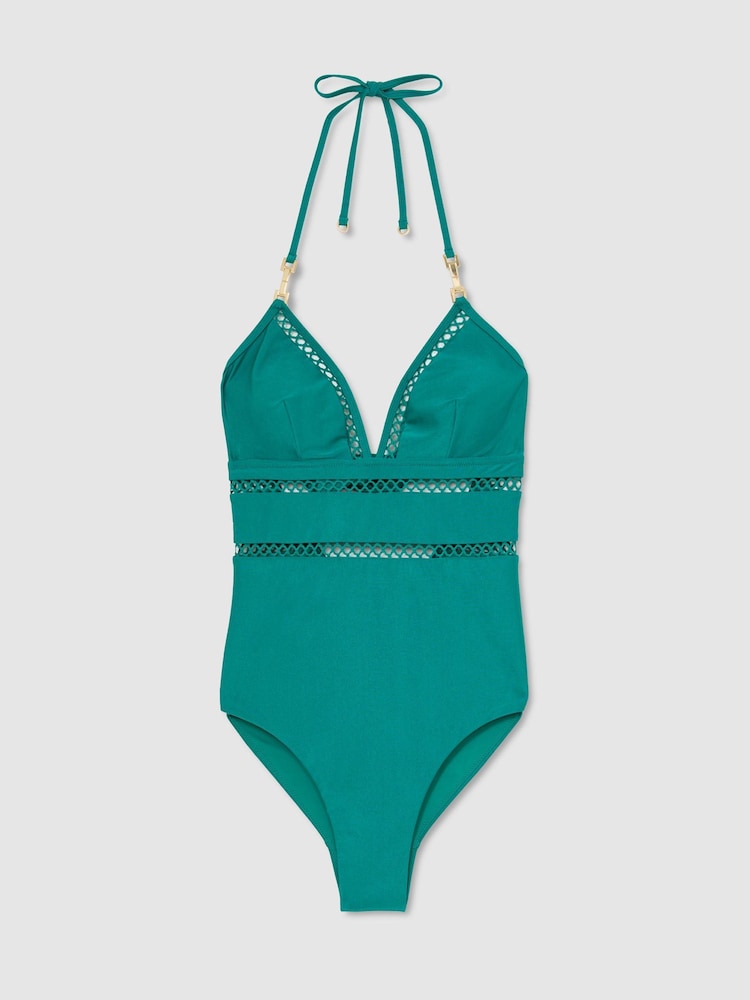Reiss Teal Blue Aria Shimmer Lattice-Trim Swimsuit - Image 2 of 6