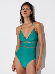 Reiss Teal Blue Aria Shimmer Lattice-Trim Swimsuit - Image 3 of 6