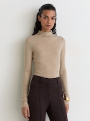 Reiss Oatmeal Neutral Heidi Lyocell-Wool Ruched Mock-Neck Top - Image 1 of 6