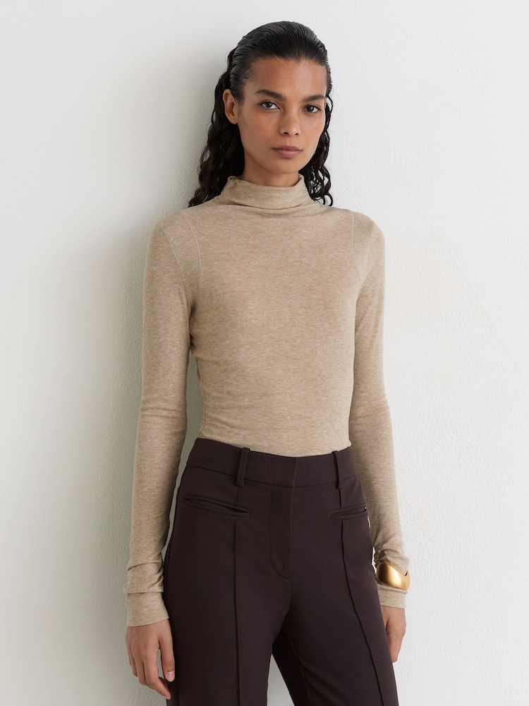 Reiss Oatmeal Neutral Heidi Lyocell-Wool Ruched Mock-Neck Top - Image 1 of 6