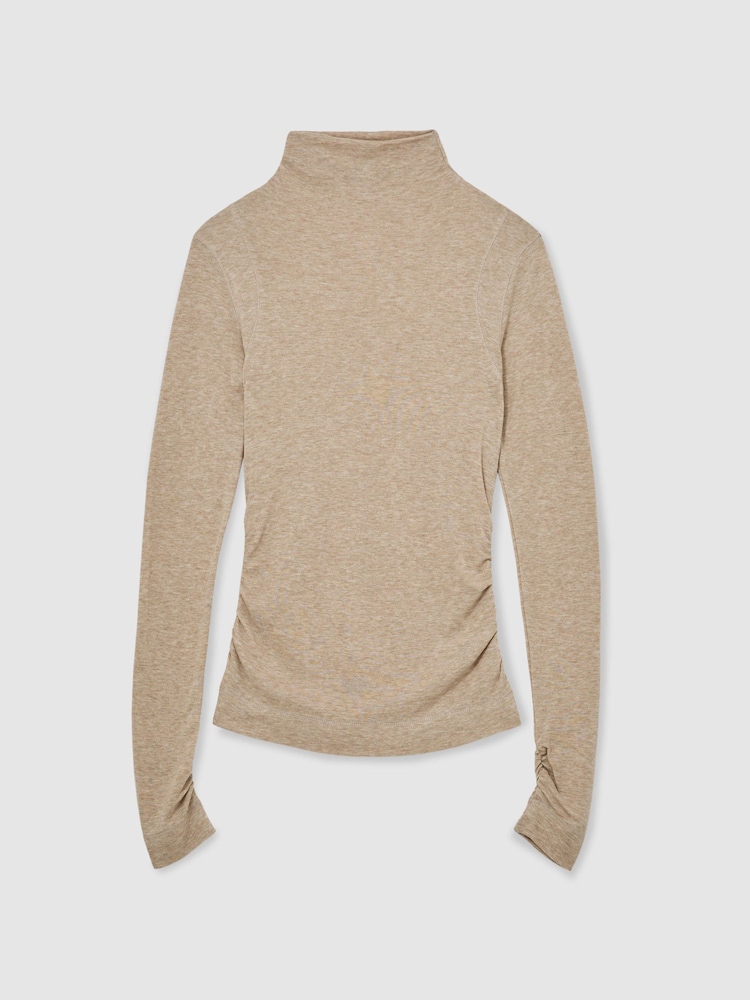 Reiss Oatmeal Neutral Heidi Lyocell-Wool Ruched Mock-Neck Top - Image 2 of 6