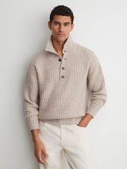 Reiss Oatmeal Marske 100% Cashmere Rib-Knit Half-Button Jumper - Image 1 of 7