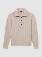 Reiss Oatmeal Marske 100% Cashmere Rib-Knit Half-Button Jumper - Image 2 of 7