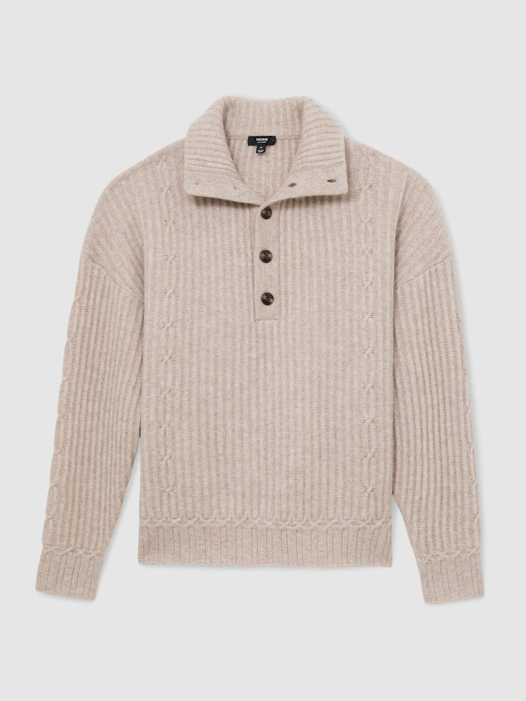 Reiss Oatmeal Marske 100% Cashmere Rib-Knit Half-Button Jumper - Image 2 of 7 Reiss Oatmeal Marske 100% Cashmere Rib-Knit Half-Button Jumper - Image 2 of 7
