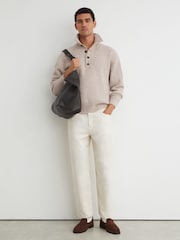 Reiss Oatmeal Marske 100% Cashmere Rib-Knit Half-Button Jumper - Image 3 of 7
