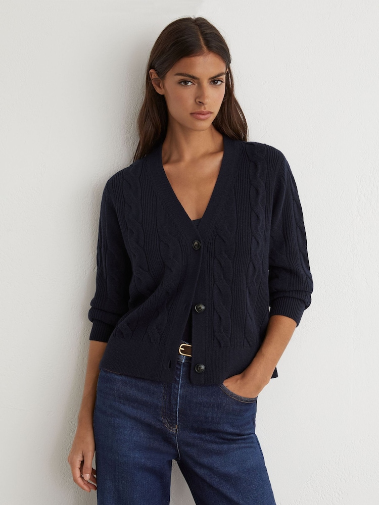 Reiss Navy Elowen Wool-Cashmere Cable-Knit Cardigan - Image 1 of 6 Reiss Navy Elowen Wool-Cashmere Cable-Knit Cardigan - Image 1 of 6