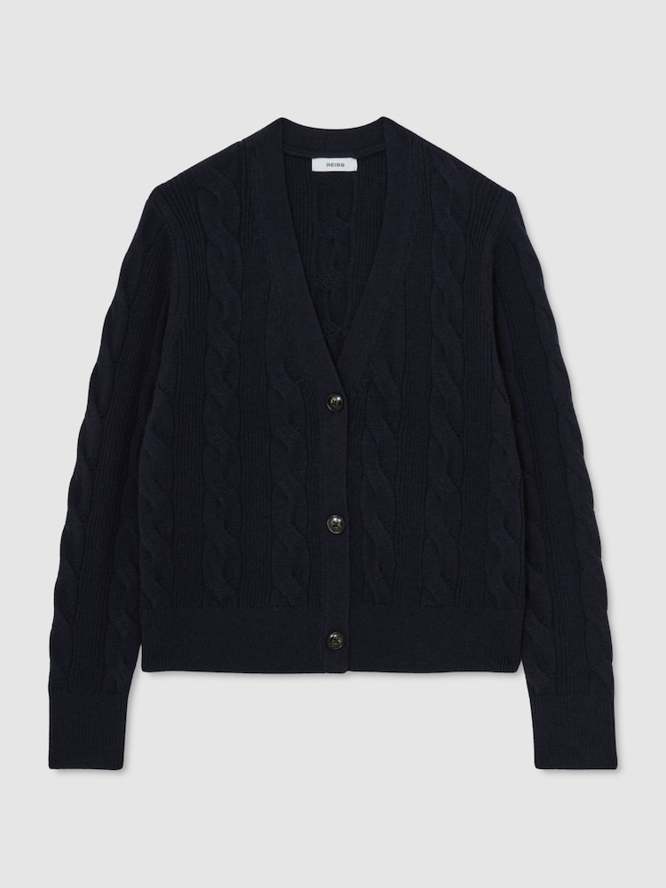 Reiss Navy Elowen Wool-Cashmere Cable-Knit Cardigan - Image 2 of 6 Reiss Navy Elowen Wool-Cashmere Cable-Knit Cardigan - Image 2 of 6