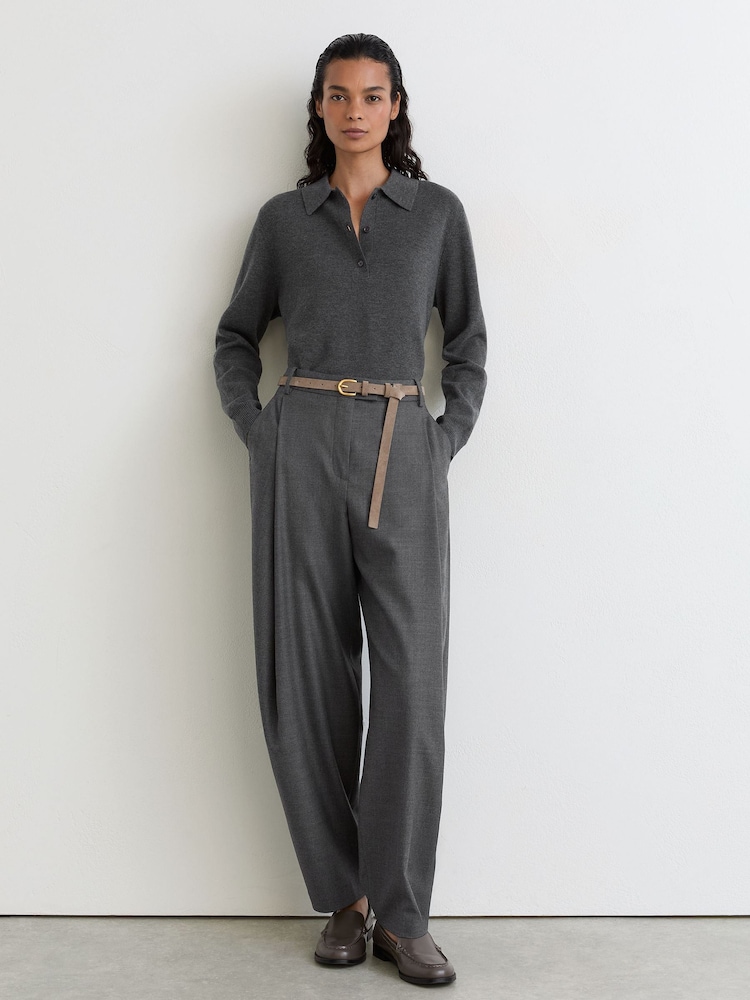 Reiss Grey Marl Brooke Merino Wool Knitted Polo Jumper - Image 1 of 7 Reiss Grey Marl Brooke Merino Wool Knitted Polo Jumper - Image 1 of 7