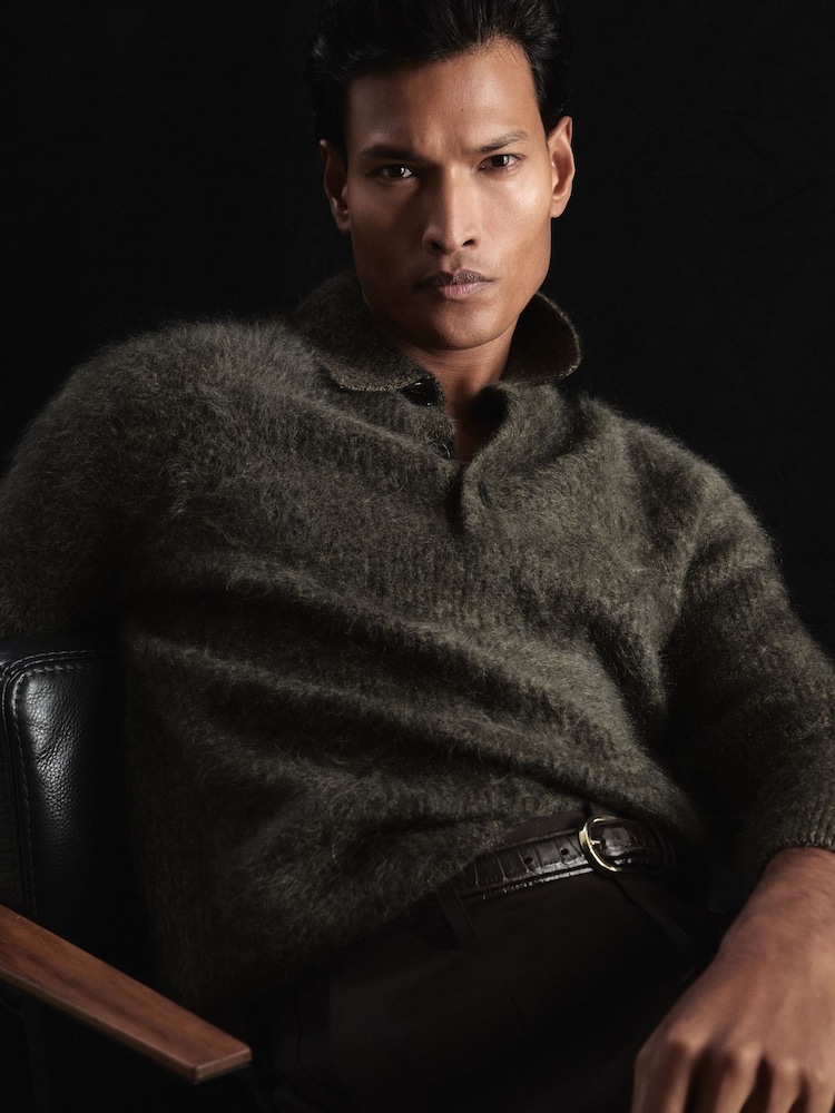 Atelier Dark Green Nathaneal Atelier 100% Brushed Cashmere Polo Jumper - Image 1 of 8