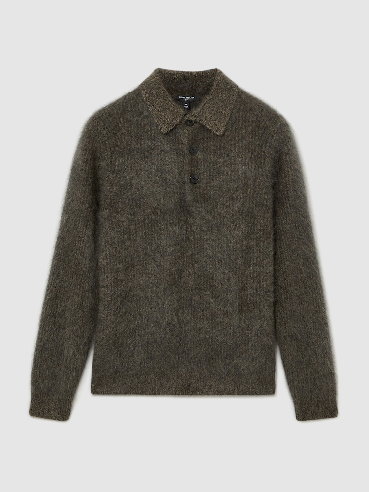 Atelier Dark Green Nathaneal Atelier 100% Brushed Cashmere Polo Jumper - Image 2 of 8