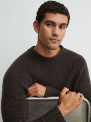 Reiss Chocolate Brown Clarence Wool-Cashmere Bouclé Square-Knit Jumper - Image 1 of 7