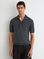 Reiss Airforce Blue Selkirk Cotton Knit Concealed-Placket Polo - Image 3 of 5