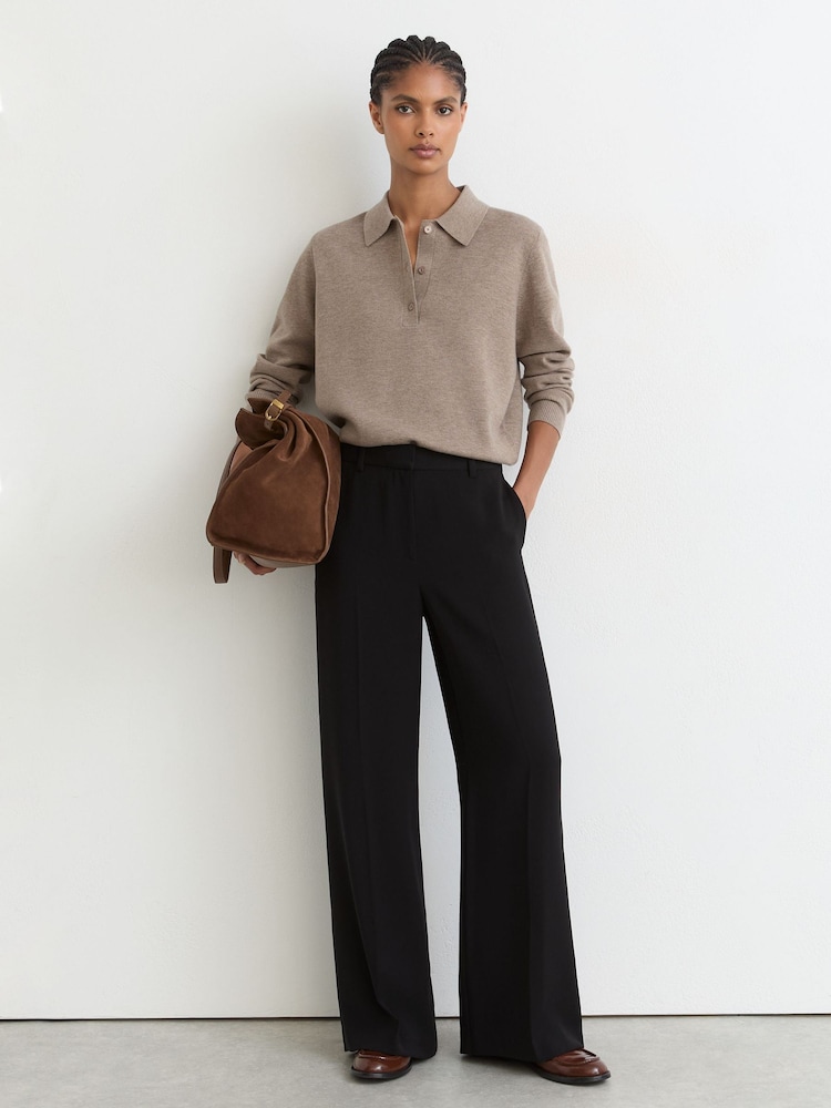 Reiss Neutral Brooke Merino Wool Knitted Polo Jumper - Image 1 of 6 Reiss Neutral Brooke Merino Wool Knitted Polo Jumper - Image 1 of 6
