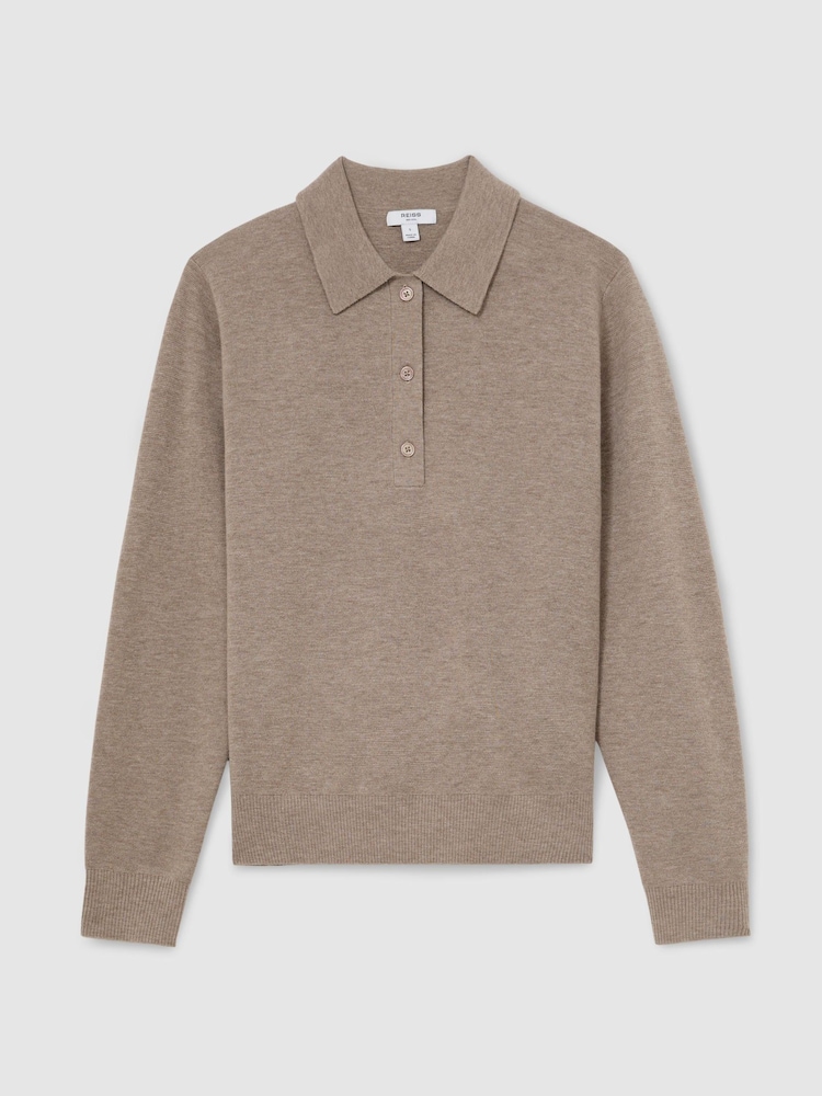 Reiss Neutral Brooke Merino Wool Knitted Polo Jumper - Image 2 of 6 Reiss Neutral Brooke Merino Wool Knitted Polo Jumper - Image 2 of 6