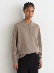 Reiss Neutral Brooke Merino Wool Knitted Polo Jumper - Image 3 of 6