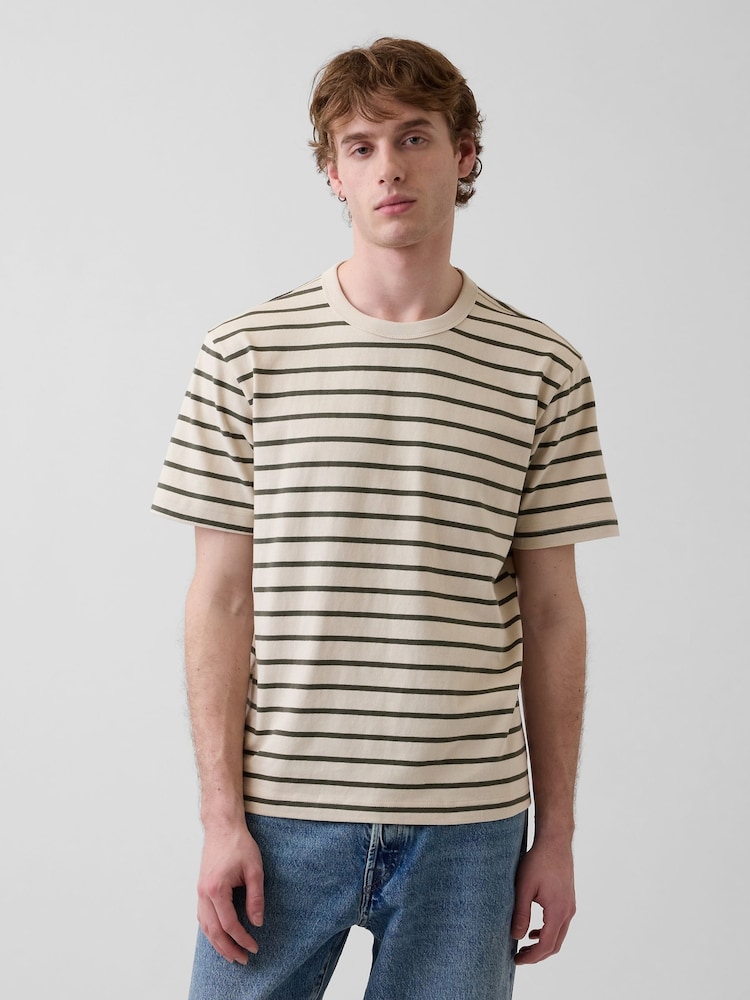Gap Beige/Green Stripe Heavyweight Relaxed Short Sleeve T-Shirt - Image 1 of 4 Gap Beige/Green Stripe Heavyweight Relaxed Short Sleeve T-Shirt - Image 1 of 4