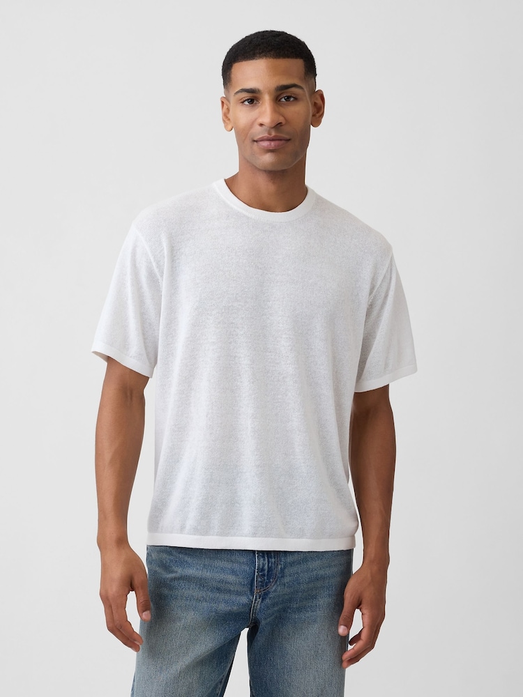 Gap White Linen-Blend Knit Short Sleeve T-Shirt - Image 1 of 4 Gap White Linen-Blend Knit Short Sleeve T-Shirt - Image 1 of 4