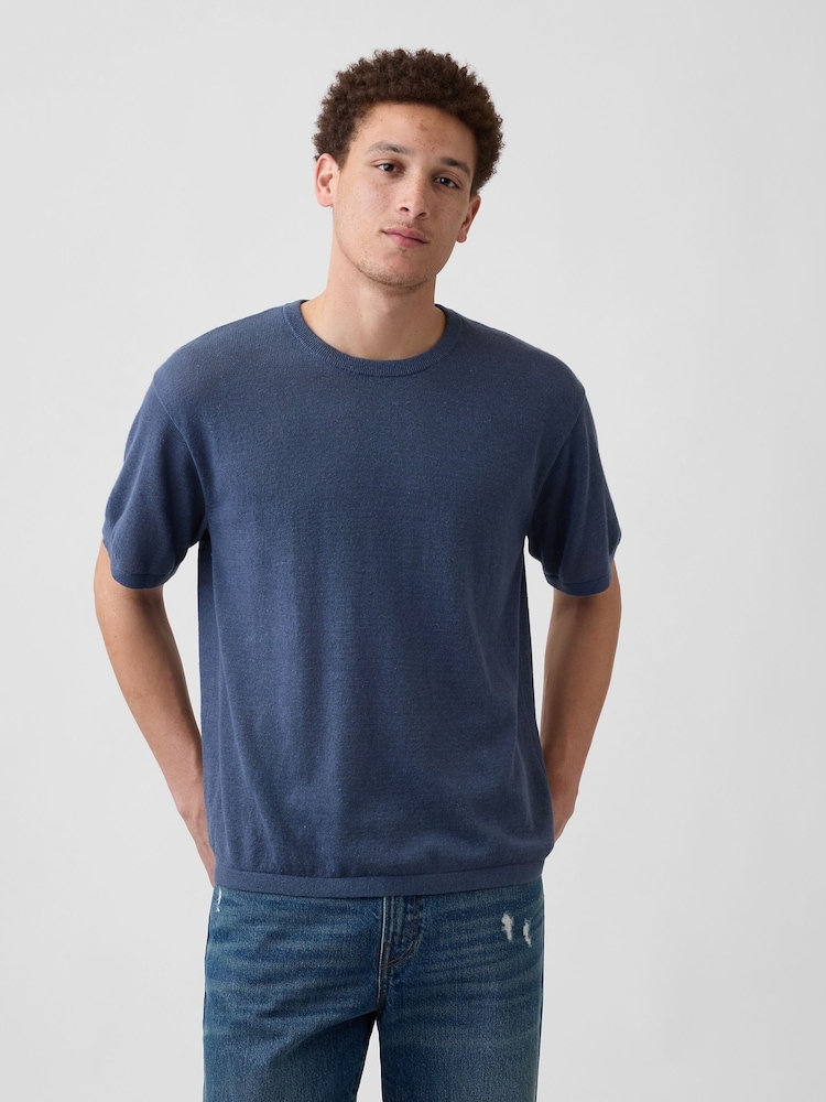 Gap Navy Linen-Blend Knit Short Sleeve T-Shirt - Image 1 of 4 Gap Navy Linen-Blend Knit Short Sleeve T-Shirt - Image 1 of 4