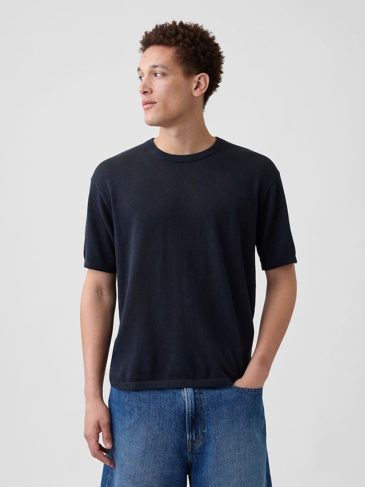 Gap Black Linen-Blend Knit Short Sleeve T-Shirt - Image 1 of 4 Gap Black Linen-Blend Knit Short Sleeve T-Shirt - Image 1 of 4