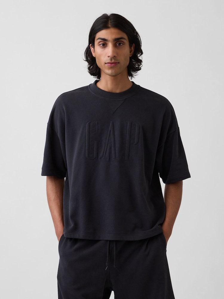 Gap Black VintageSoft French Terry Oversized Logo Short Sleeve Sweatshirt - Image 1 of 4 Gap Black VintageSoft French Terry Oversized Logo Short Sleeve Sweatshirt - Image 1 of 4