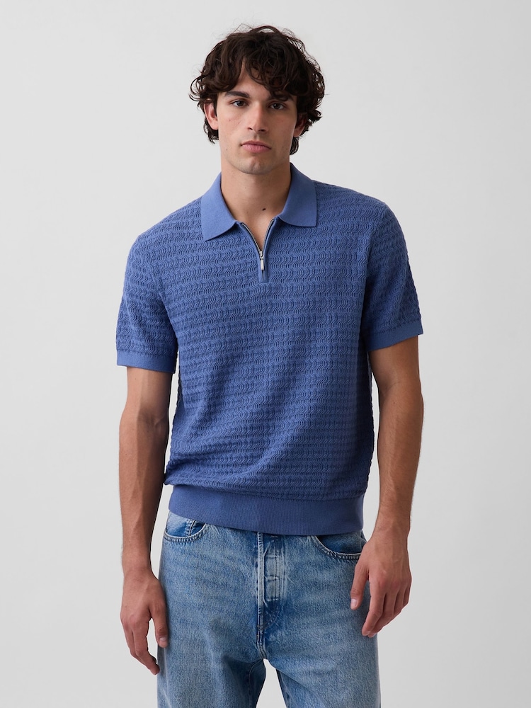 Gap Blue Textured Zip Knitted Polo Shirt - Image 1 of 4 Gap Blue Textured Zip Knitted Polo Shirt - Image 1 of 4