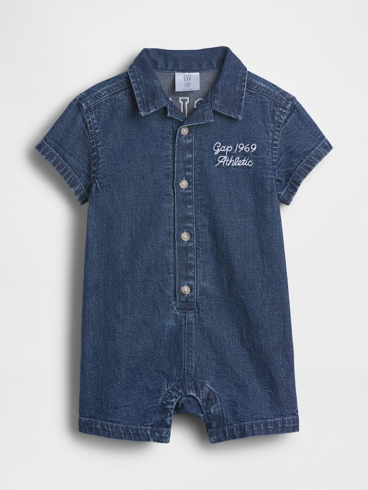 Gap Medium Wash Denim Logo Shorts One-Piece (0-24mths) - Image 1 of 4