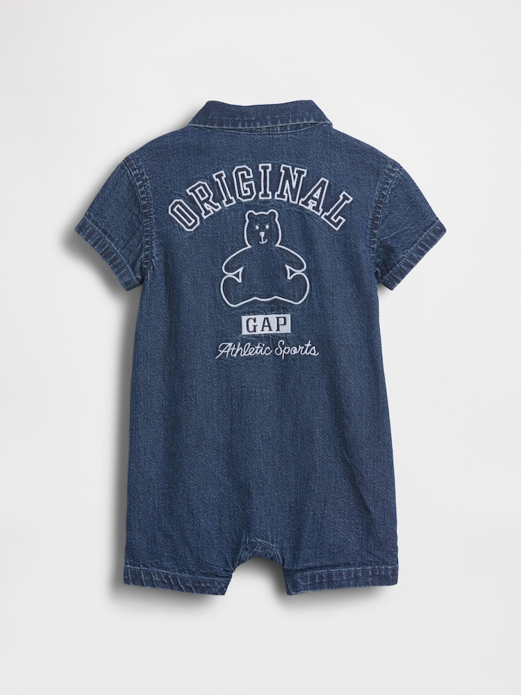 Gap Medium Wash Denim Logo Shorts One-Piece (0-24mths) - Image 2 of 4