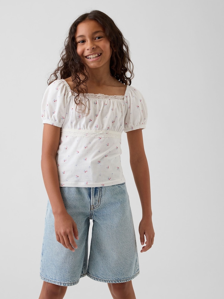 Gap White Lace-Trim Puff-Sleeve Top (4-13yrs) - Image 1 of 4 Gap White Lace-Trim Puff-Sleeve Top (4-13yrs) - Image 1 of 4