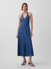 Gap Medium Wash Denim Seamed Halter Maxi Dress - Image 1 of 3