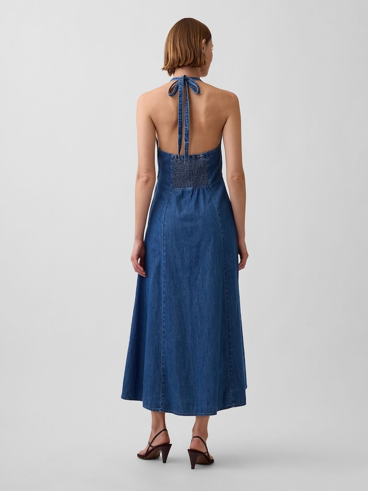 Gap Medium Wash Denim Seamed Halter Maxi Dress - Image 2 of 3 Gap Medium Wash Denim Seamed Halter Maxi Dress - Image 2 of 3
