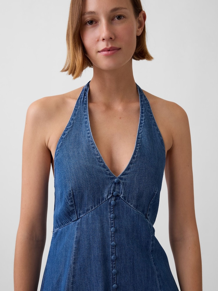 Gap Medium Wash Denim Seamed Halter Maxi Dress - Image 3 of 3 Gap Medium Wash Denim Seamed Halter Maxi Dress - Image 3 of 3