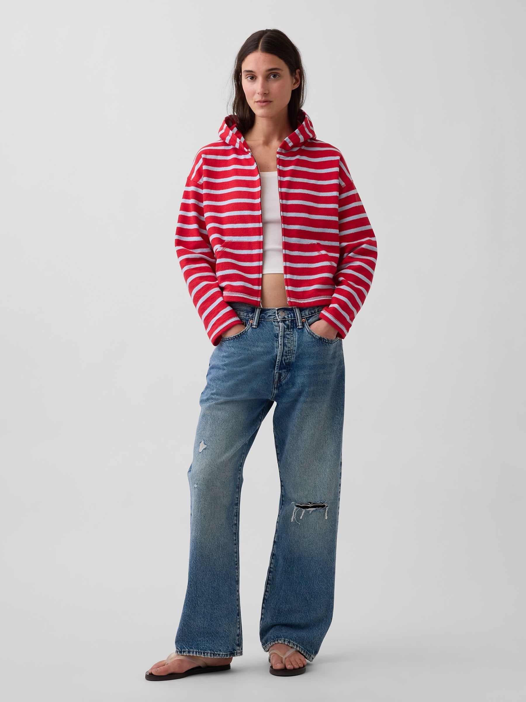 Buy Gap Red Stripe Towel Terry Oversized Stripe Zip Hoodie from