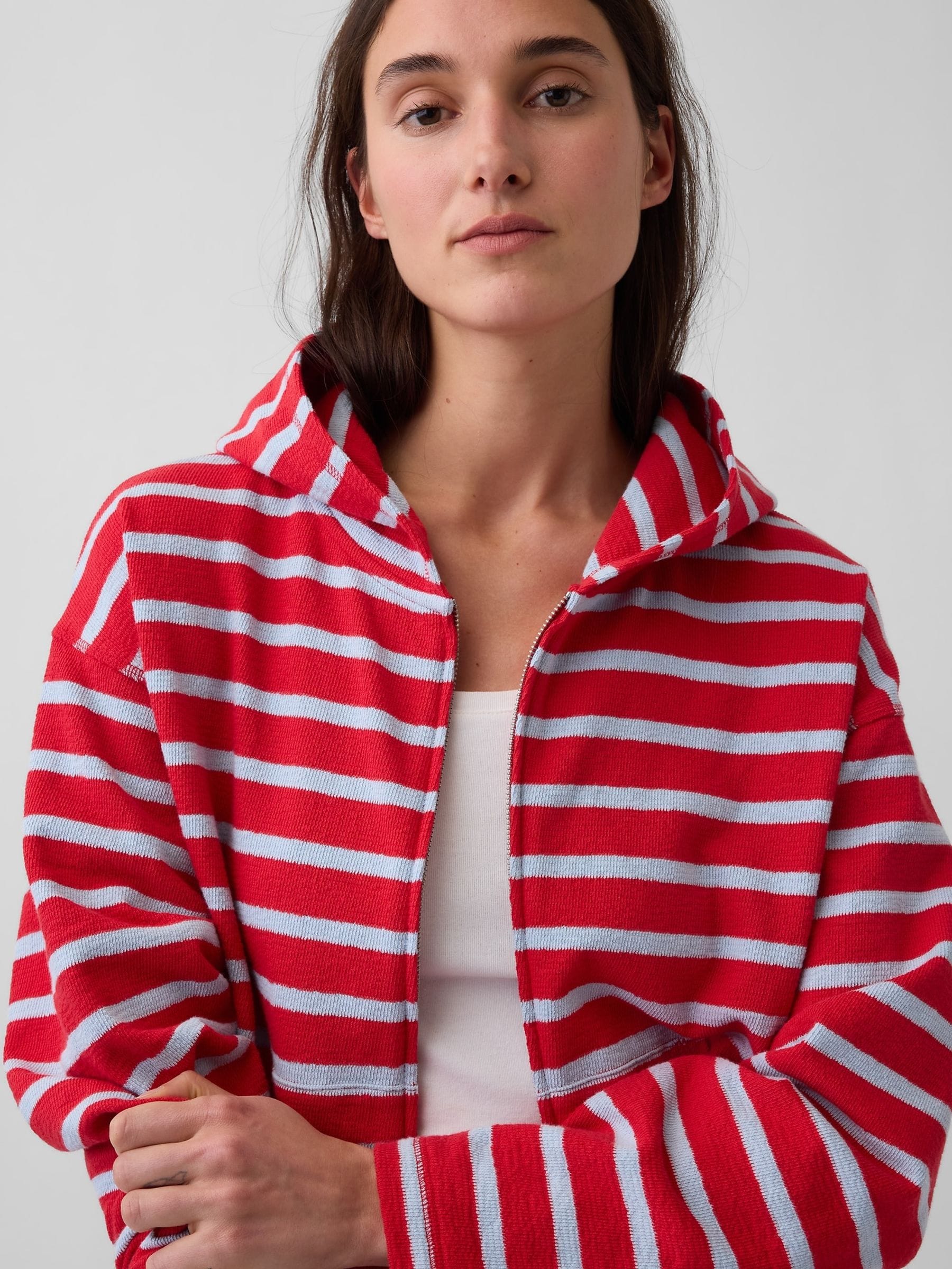 Buy Gap Red Stripe Towel Terry Oversized Stripe Zip Hoodie from