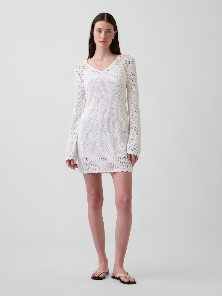 Gap White Pointelle Mini Long Seeve Dress - Image 1 of 4