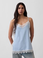 Gap Blue Linen-Blend Lace-Trim Cami - Image 1 of 4