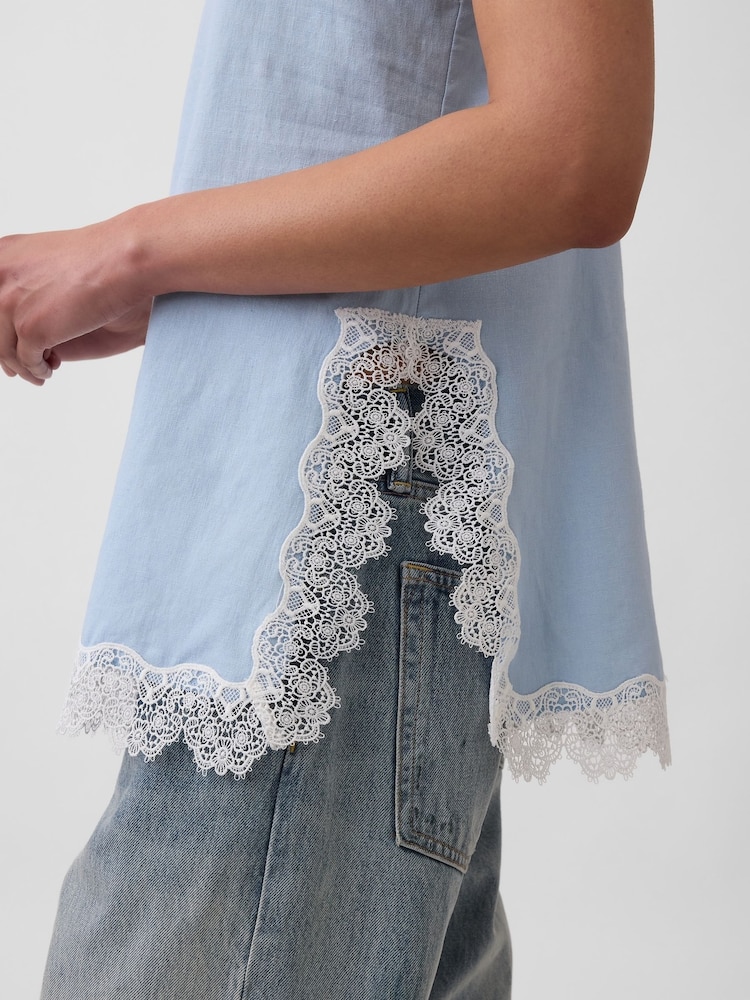 Gap Blue Linen-Blend Lace-Trim Cami - Image 4 of 4