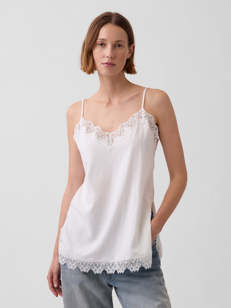 Gap White Linen-Blend Lace-Trim Cami - Image 1 of 4