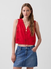 Gap Red Linen-Blend Embroidered Crop Shell Vest - Image 1 of 4