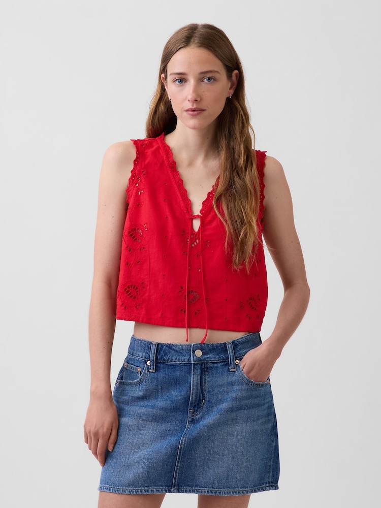 Gap Red Linen-Blend Embroidered Crop Shell Vest - Image 1 of 4 Gap Red Linen-Blend Embroidered Crop Shell Vest - Image 1 of 4