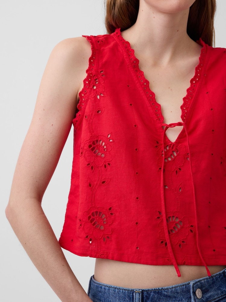 Gap Red Linen-Blend Embroidered Crop Shell Vest - Image 4 of 4 Gap Red Linen-Blend Embroidered Crop Shell Vest - Image 4 of 4