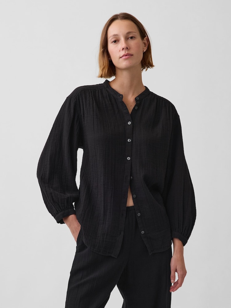 Sort - Gap Gauze Oversized Collarless Shirt - Billede 1 af 4