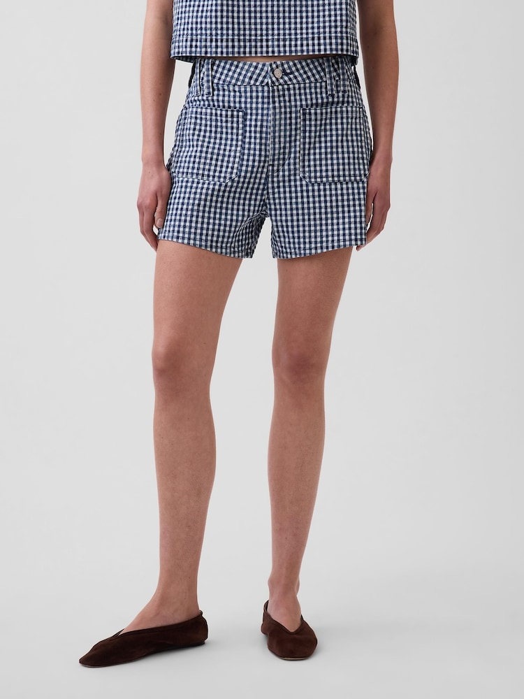 Gap Navy 3.5 inch High Waisted Gingham Relaxed Straight Denim Shorts - Image 1 of 4 Gap Navy 3.5 inch High Waisted Gingham Relaxed Straight Denim Shorts - Image 1 of 4