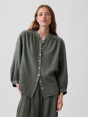 Gap Green Cotton Gauze Oversized Collarless Shirt - Image 1 of 4