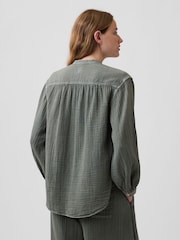 Gap Green Cotton Gauze Oversized Collarless Shirt - Image 2 of 4