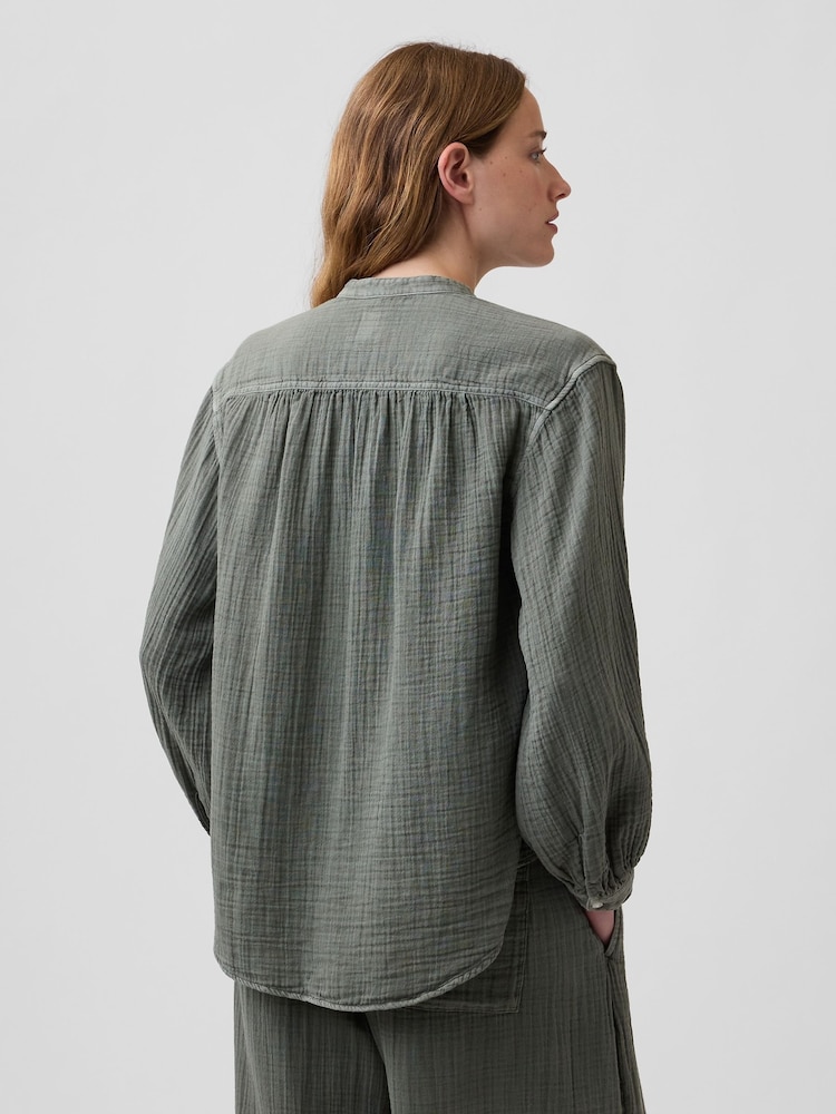 Gap Green Cotton Gauze Oversized Collarless Shirt - Image 2 of 4