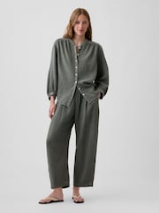 Gap Green Cotton Gauze Oversized Collarless Shirt - Image 3 of 4