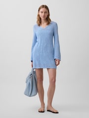 Gap Blue Pointelle Mini Long Seeve Dress - Image 1 of 4