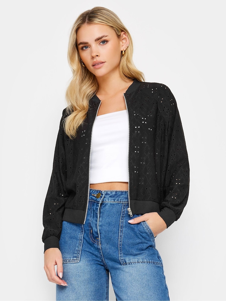 PixieGirl Petite Black Jersey Broderie Bomber Jacket - Image 1 of 4